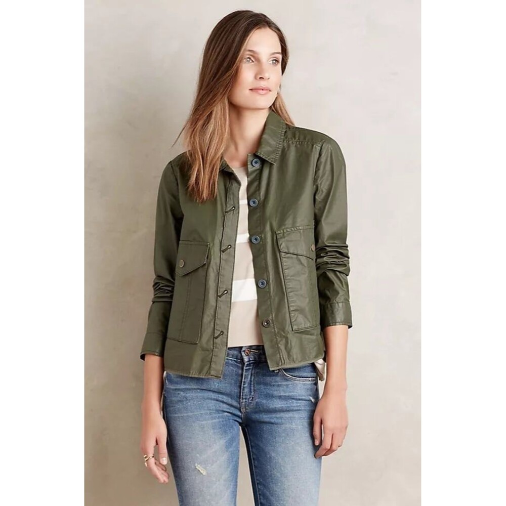 Anthropologie Hei Hei Wax Army Green Coated Cotton Twill Utility Swing Jacket L